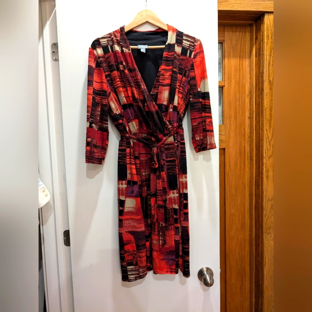 Abstract Red Wrap Midi Dress with Tie Waist